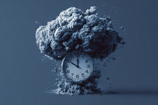 a clock is exploding with a cloud of smoke