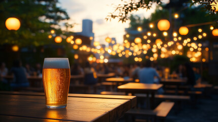 夕暮れ時のビアガーデンで生ビールを飲む