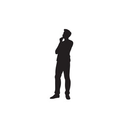 Vector art of silhouette of a man in a suit, standing and deep in thought, isolated on white background