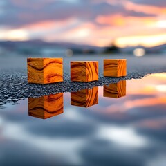 Three wooden cubes in a puddle, sunset reflection