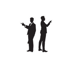 Vector art of silhouettes of two men in suits, both pointing in different directions, isolated on white background