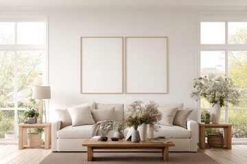 Fototapeta premium Bright living room with beige sofa, two large empty frames, wooden coffee table, side tables, and flowering plants, showcasing a minimalist, natural aesthetic