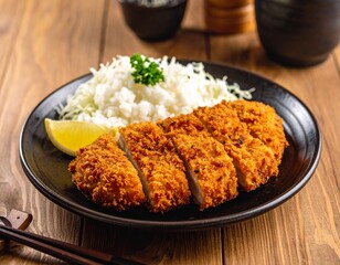 A freshly plated chicken katsu on a black ceramic plate