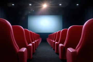 Obraz premium Red Theater Seats and Spotlight Facing a Blank Movie Screen