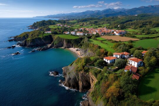 Coastal cliffs meet serene waters with lush green fields and houses dotting the landscape Mountains in the background