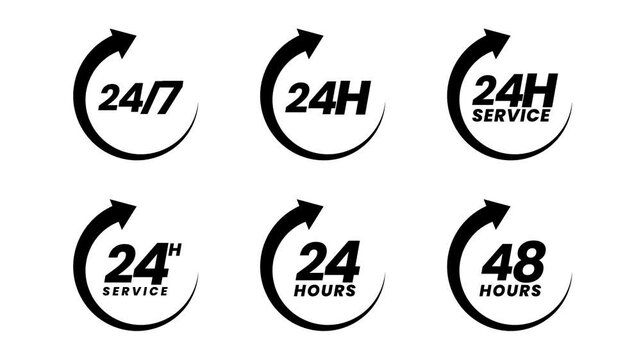 24 Hours Icon Set Animated, looping animation, transparent background. 4K resolution