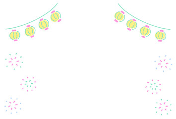 手描きのパステルカラーのガーリーな日本の夏祭りフレーム・提灯・花火