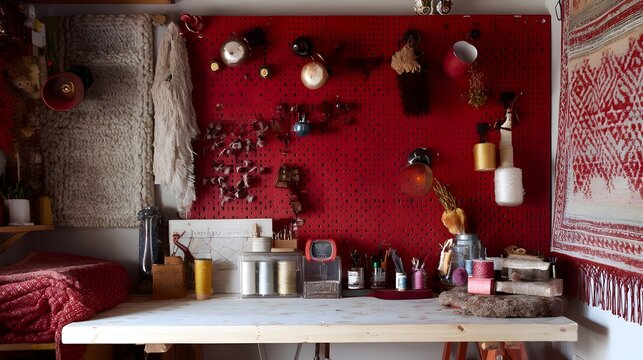 Design Minimal Bohemian Craft Corner Featuring Ruby Red Peg Accents For Stylish Creative Home Decor
