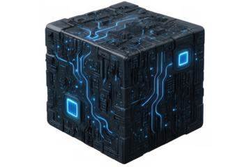 Futuristic black cube showcasing intricate glowing blue circuits, isolated on a transparent background, ideal for technology or sci-fi projects