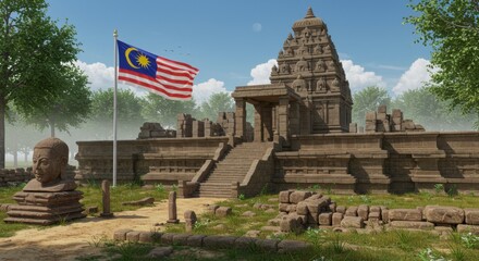 Majestic Malaysian Temple Ruins: A 3D Render of Ancient Architecture and National Pride