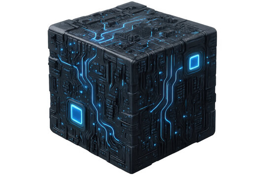 Futuristic black cube showcasing intricate glowing blue circuits, isolated on a transparent background, ideal for technology or sci-fi projects