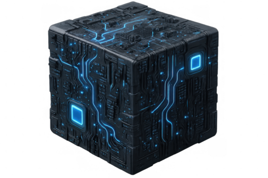 Futuristic black cube showcasing intricate glowing blue circuits, isolated on a transparent background, ideal for technology or sci-fi projects - Powered by Adobe