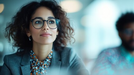 A thoughtful woman in smart attire listens attentively during a meeting, highlighting her engagement and the dynamic of a collaborative work environment.