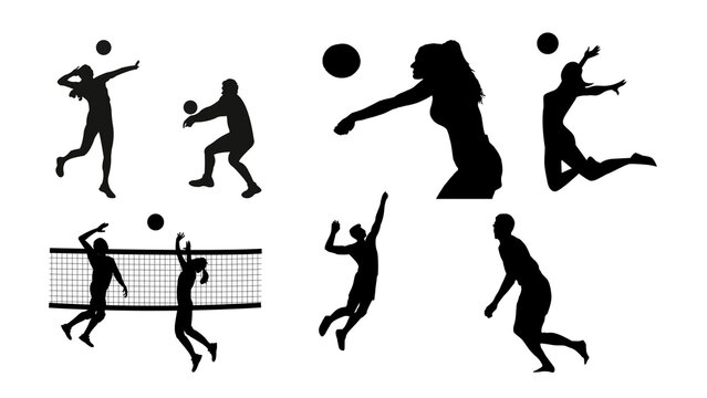 Vector silhouettes of people playing various  volley ball sports in action poses