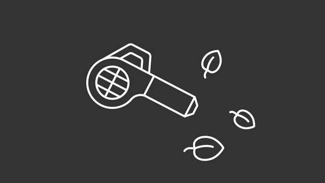 Leaf blower white line animation. Garden cleaning equipment animated icon. Leafes showing up. Moving instrument. Professional, service. Isolated element on dark background. Alpha transparent video