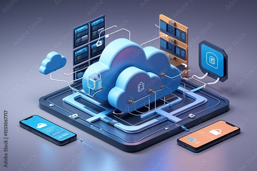 Poster abstract cloud ecosystems and data management in 2d artwork featuring secure network frameworks