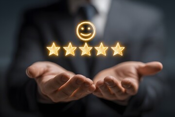 Illustration of a businessman holding a glowing five-star icon, representing top quality and customer satisfaction.