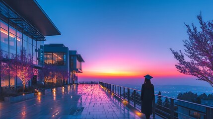 Graduate overlooking cityscape at sunrise