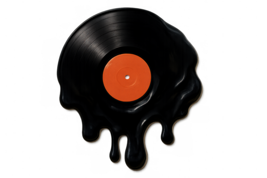 Vinyl record melting with orange label isolated on transparent background, representing obsolete technology or music and nostalgia