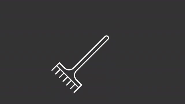 Animated gardening rake white line icon. Farming instrument animation. Moving tool, yardwork. Lawn cleaning, working equipment. Isolated element on dark background. Alpha transparent video