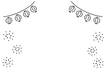 手描きの可愛い線画の花火と提灯の日本のモノクロ夏祭りフレーム