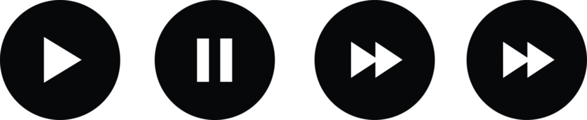 Set of four black circular media player control icons: play, pause, fast forward, and next track, essential for audio and video interface design.