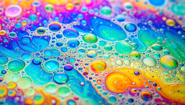 Vibrant abstract close-up of iridescent bubbles floating on a swirling, multicolored liquid surface, showcasing a spectrum of blues, greens, oranges, pinks, and purples