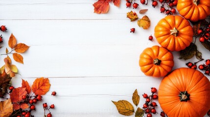 Pumpkins, leaves and berries on white wooden table as festive frame for autumn harvest celebration or holiday