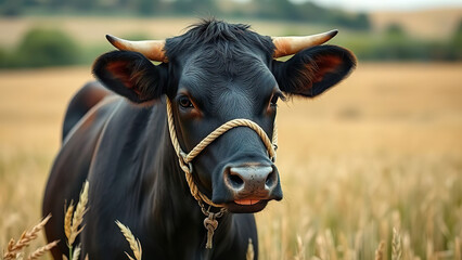 Black cow with rope halter stands in golden wheat field, looking curious and calm