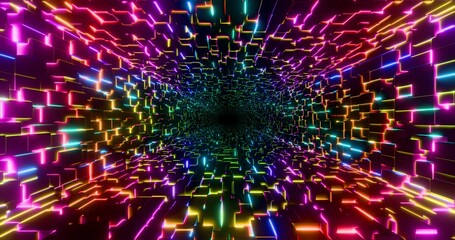 Futuristic glowing neon waving cube background. Shining geometric rainbow lines inside corridor in perspective. Bright retro digital cyberspace. 3D rendering.