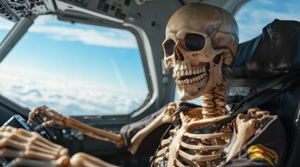 A humorous scene featuring a skeleton pilot in a cockpit, against a backdrop of clouds, evoking a playful and surreal take on flying and aviation adventures.