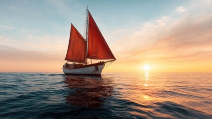 A picturesque sailing vessel with vibrant red sails glides gracefully over a serene sea, bathed in the warm hues of a beautiful sunset, evoking feelings of tranquility and adventure.