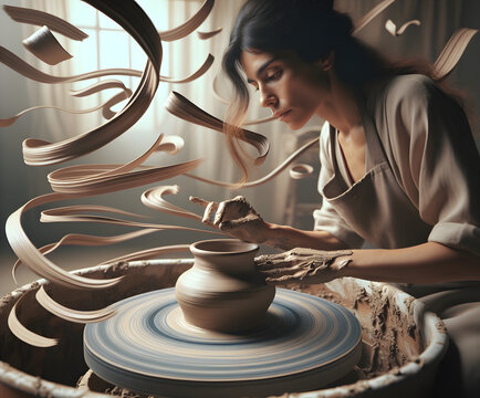 Focused Female Potter Crafting Clay Art on Wheel - Powered by Adobe