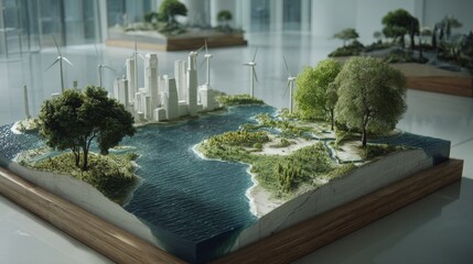 Fototapeta premium A detailed model showcasing sustainable urban planning with greenery and water features.