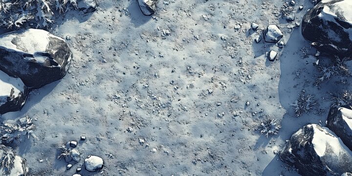 Snowy ground, sparsely vegetated, with scattered rocks and patches of snow dusting the terrain