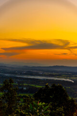 Vertical Horizon Sunset mountain range beautiful landscape mist foggy sunrise beam. Golden sky Mountain landscape mountain. Vertical Amazing Landscape cloud sky on sunrise. Gold sunlight heaven scene