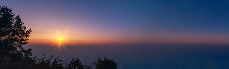 Purple pastel sky Romantic landscape sunrise foggy mountain in morning pastel tone.  Twilight Beautiful landscape foggy hills violet beautiful Purple sky sunset dramatic landscape mountain cloudscape
