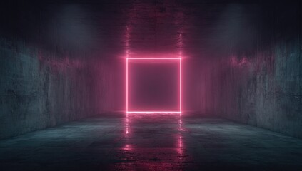 Glowing pink square neon light frame in a dark, grunge concrete room, reflecting on wet floor