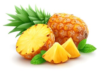 Fresh pineapple slices and whole fruit