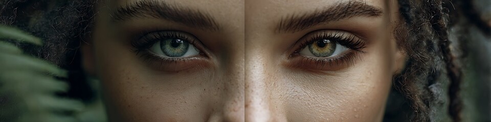 Obraz premium Portrait of woman with different-sized pupils and uneven cheeks in forest light