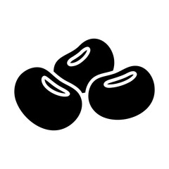 Vector icon of three bean seeds. Soybeans, black beans, or kidney beans graphic in solid black glyph style for food, agriculture and farming.
