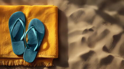 folded yellow beach towel and a pair of teal flip-flops with brown straps, resting on light-colored sand with subtle wave-like textures