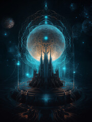 Futuristic temple crowned by a glowing orb, set in a surreal cosmic space with glowing networks.