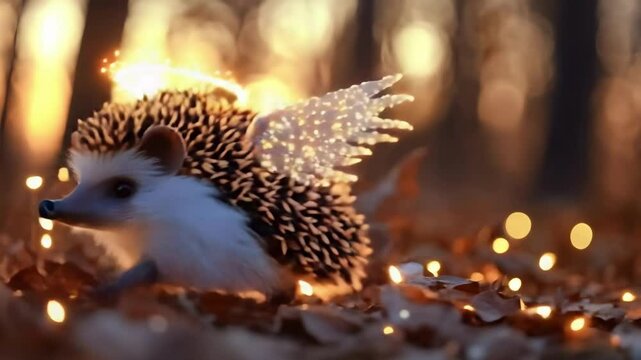 A cute hedgehog with a halo and wings surrounded by autumn leaves and twinkling lights in a warm, golden setting.