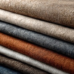 A neatly stacked pile of fabric swatches in various neutral earth tones, showcasing texture and subtle color variations