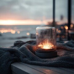 Coastal sunset scene featuring a glass candle lantern with a flickering flame, resting on a dark gray knit blanket on an outdoor wooden table