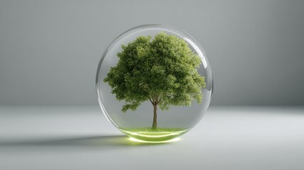 A miniature tree encapsulated in a glass sphere, symbolizing sustainability and nature.
