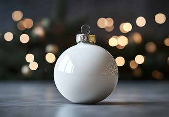 Fototapeta premium Glossy White Christmas Ornament with Warm Bokeh Lights in Background