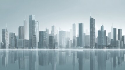 Fototapeta premium A modern city skyline reflecting on calm water in a serene, minimalist atmosphere.