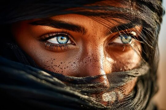 Close-up Muslim woman portrait of with oriental eyes, covering her face